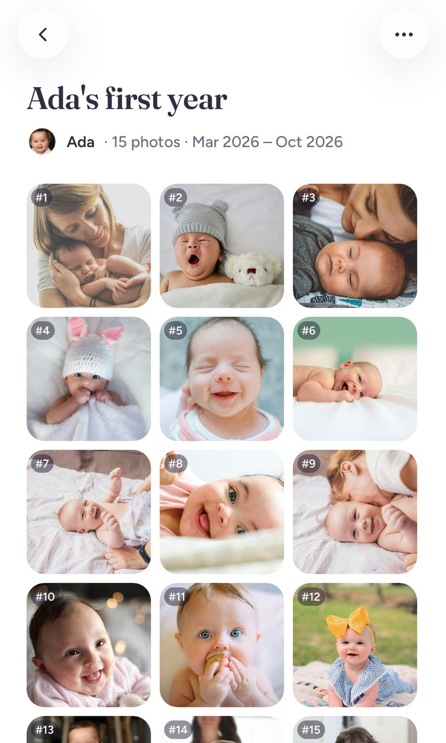 A timeline in the app: monthly photos with the child’s age on each.
